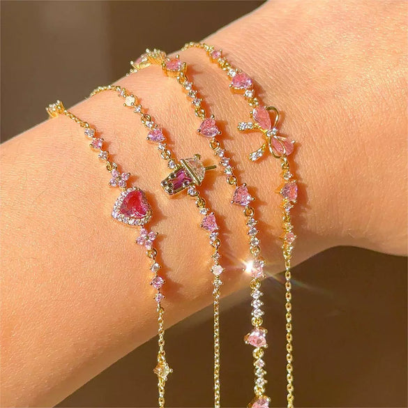 Ins Style Cute Sweet Heart Zircon Butterfly Diamond Bracelet For Women Made Of Copper And Plastic