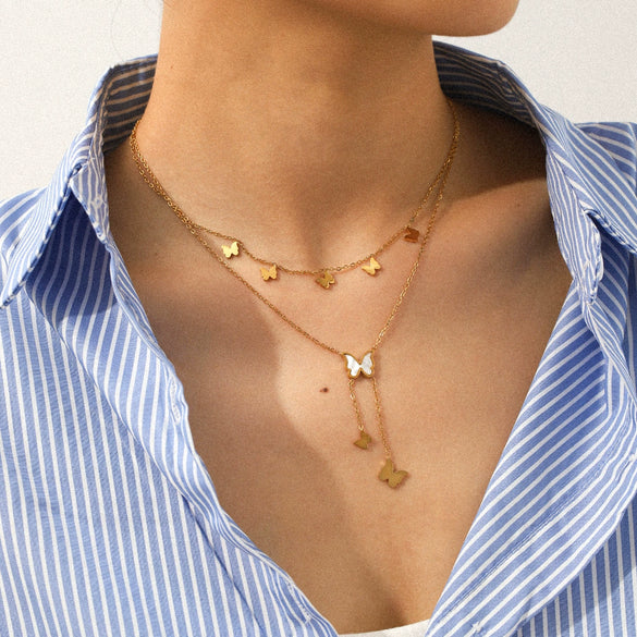 Ins Style Doublelayer Gold Plated Stainless Steel Necklace With Heart Bow Tie Star Geometric Shapes For Women