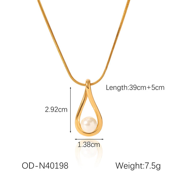 Ins Style Dropshaped Titanium Steel Pendant Necklace Inlaid With Pearls For Women