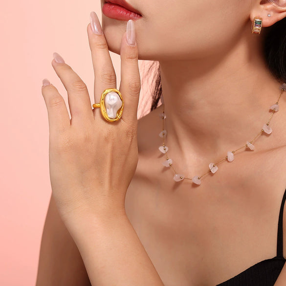 Ins Style Fashion Ring Shaped Imitation Pearl Titanium Steel Ring With Electroplating Treatment For Women