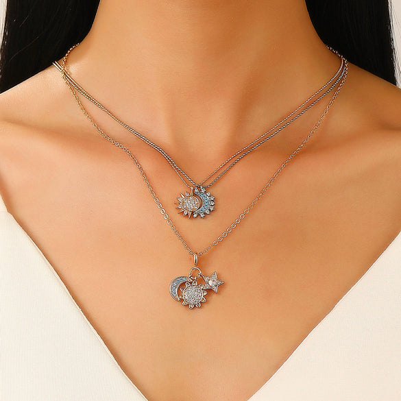 Ins Style Jewelry Set For Women With Sun Moon And Stars Pattern Copper With Set Diamonds And Rhinestones