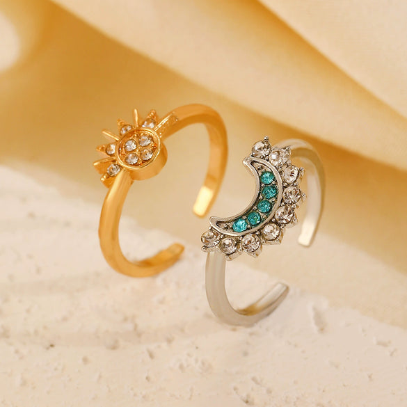 Ins Style Jewelry Set For Women With Sun Moon And Stars Pattern Copper With Set Diamonds And Rhinestones