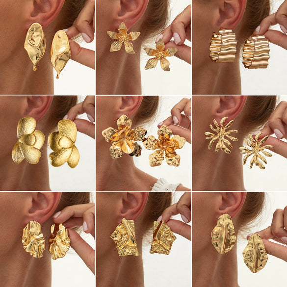 Ins Style Metal Leaf And Flower Pleated Earrings With Electroplating Design For Women