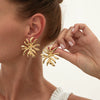 Ins Style Metal Leaf And Flower Pleated Earrings With Electroplating Design For Women