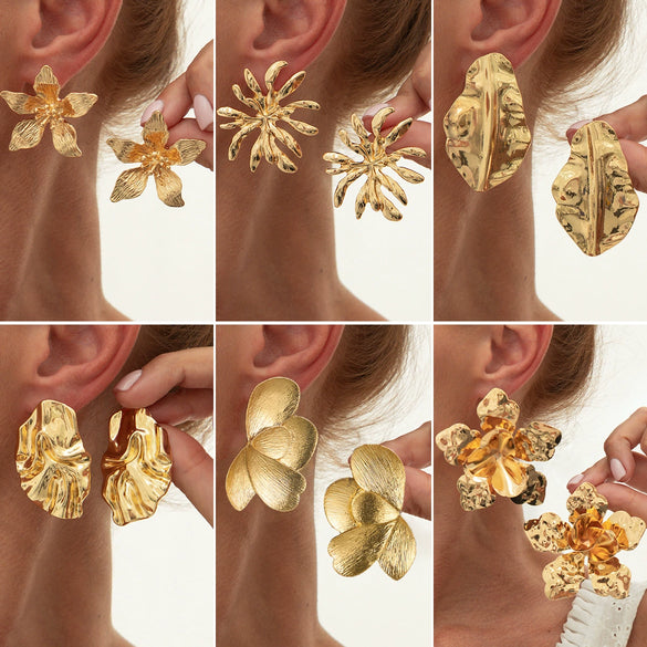 Ins Style Metal Leaf And Flower Pleated Earrings With Electroplating Design For Women