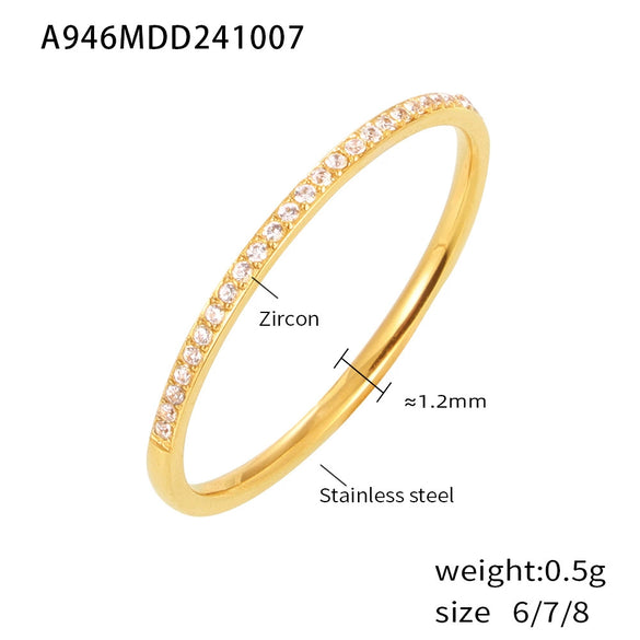 Ins Style Micropaved Zircon Ultrafine Index Finger Ring Titanium Steel Pvd 18K Gold Plated Tail Ring