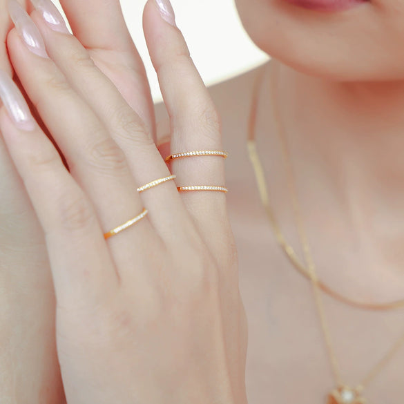Ins Style Micropaved Zircon Ultrafine Index Finger Ring Titanium Steel Pvd 18K Gold Plated Tail Ring