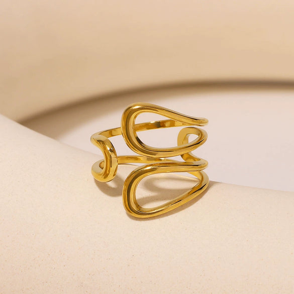 Ins Style Oval Hollow Asymmetrical Adjustable Geometric Stainless Steel Ring Electroplated
