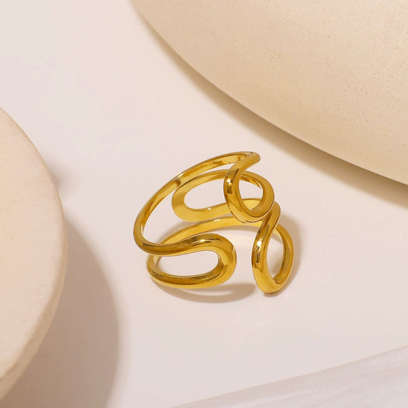 Ins Style Oval Hollow Asymmetrical Adjustable Geometric Stainless Steel Ring Electroplated