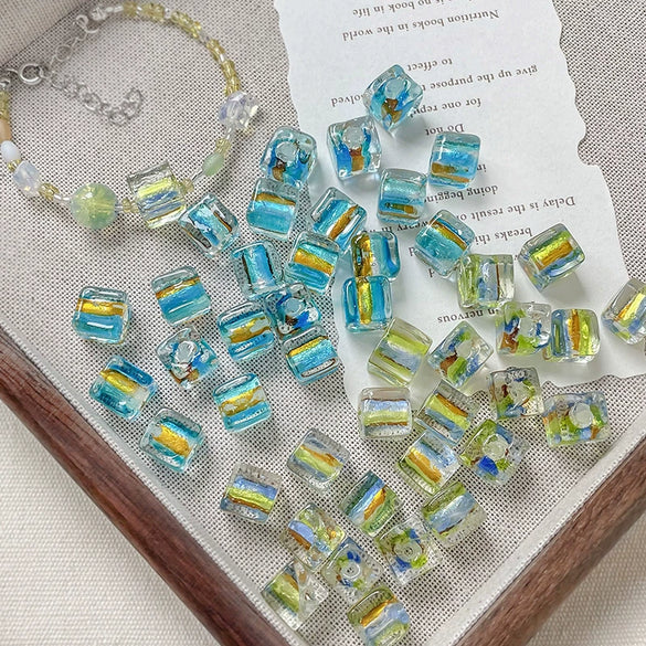 Ins Style Square Glass Glazed Beaded Goldplated Handmade Bracelet Necklace Accessories
