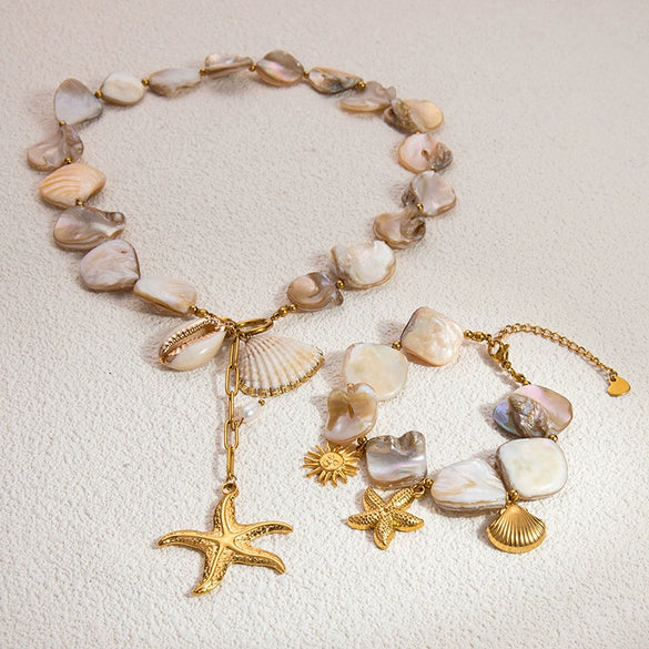 Ins Style Stainless Steel And 18K Gold Geometric Marine Shell Pendant Necklace And Bracelet For Women With Electroplating