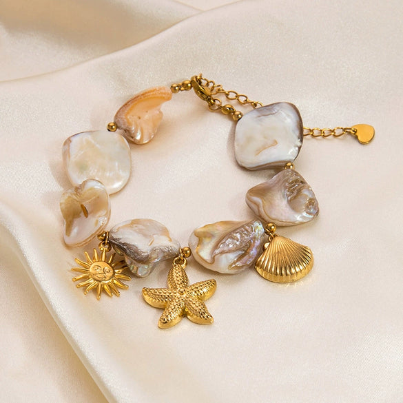Ins Style Stainless Steel And 18K Gold Geometric Marine Shell Pendant Necklace And Bracelet For Women With Electroplating