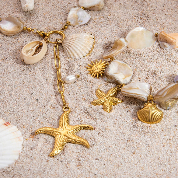 Ins Style Stainless Steel And 18K Gold Geometric Marine Shell Pendant Necklace And Bracelet For Women With Electroplating