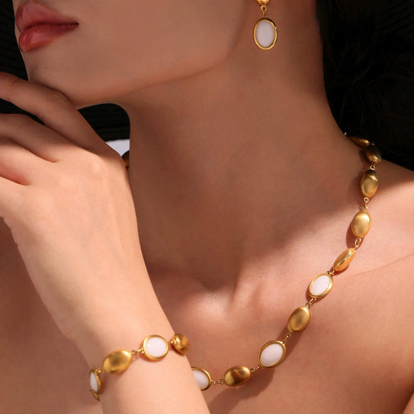 Ins Style Stainless Steel Czech Opal Faceted Stone Jewelry Set Necklace Bracelet Earrings