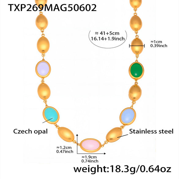Ins Style Stainless Steel Czech Opal Faceted Stone Jewelry Set Necklace Bracelet Earrings