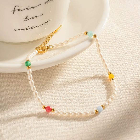 Ins Style Women's Stainless Steel And Titanium Steel Anklet With Colorful Natural Stone Pearl Beads And Geometric Shell Inlay