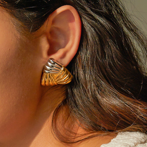 Ins Trendy Geometric Stainless Steel Woven Texture Colorblock Triangle Earrings Cold Style Electroplated