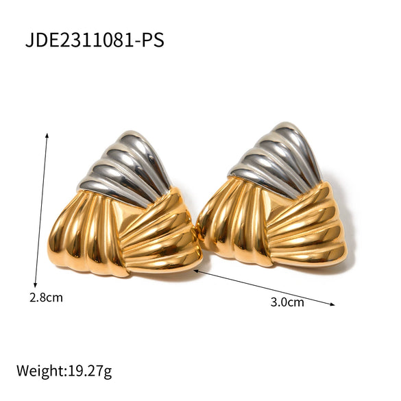 Ins Trendy Geometric Stainless Steel Woven Texture Colorblock Triangle Earrings Cold Style Electroplated