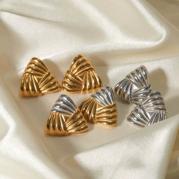 Ins Trendy Geometric Stainless Steel Woven Texture Colorblock Triangle Earrings Cold Style Electroplated