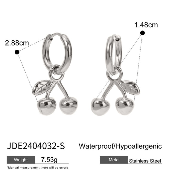 Ins Trendy Minimalist Geometric Stainless Steel Cherry Pendant Earrings For Women With 18K Gold Electroplating