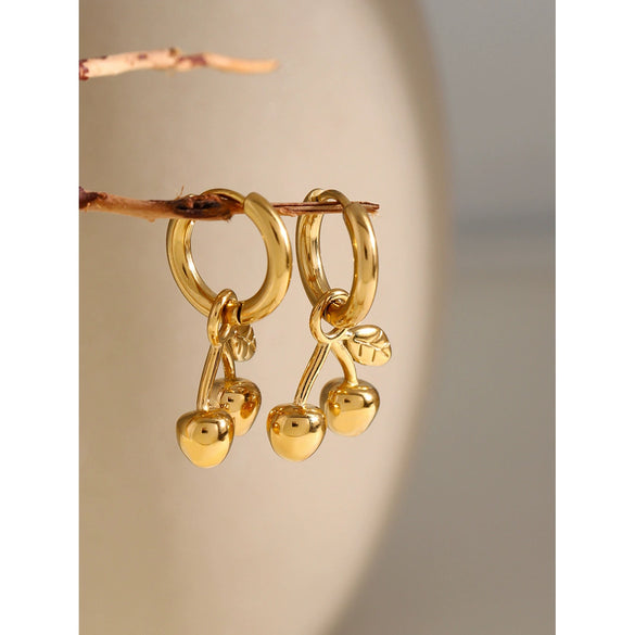 Ins Trendy Minimalist Geometric Stainless Steel Cherry Pendant Earrings For Women With 18K Gold Electroplating