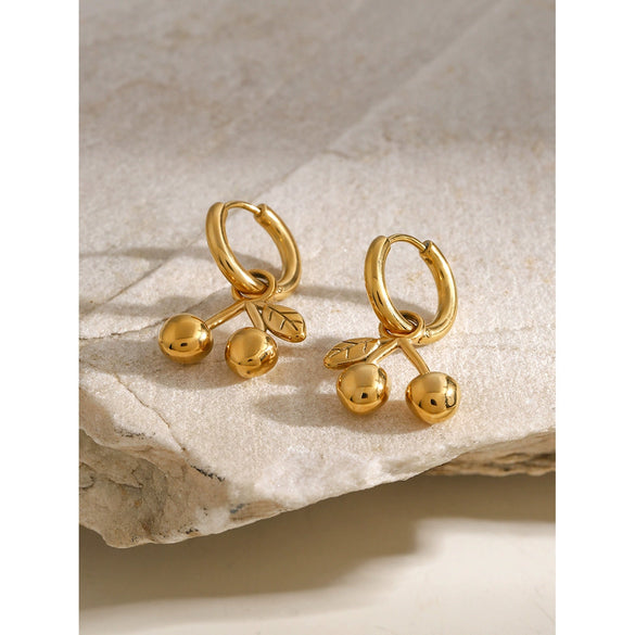 Ins Trendy Minimalist Geometric Stainless Steel Cherry Pendant Earrings For Women With 18K Gold Electroplating