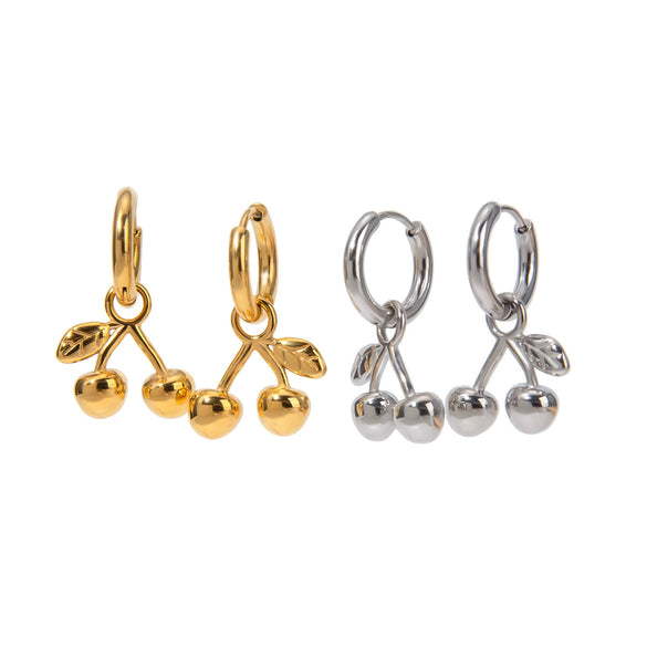 Ins Trendy Minimalist Geometric Stainless Steel Cherry Pendant Earrings For Women With 18K Gold Electroplating