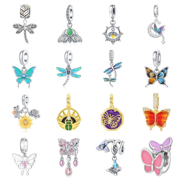 Insect Dragonfly Butterfly Firefly Charm Beads Jewelry Bracelet Silver Plated Original Design Dripping Oil Women's