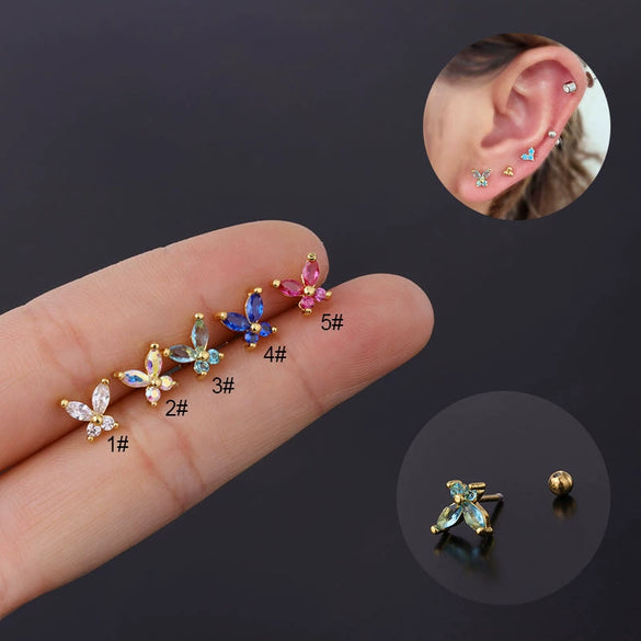 Insect Style Stainless Steel Electroplated Piercing Earrings With Butterfly Zircon
