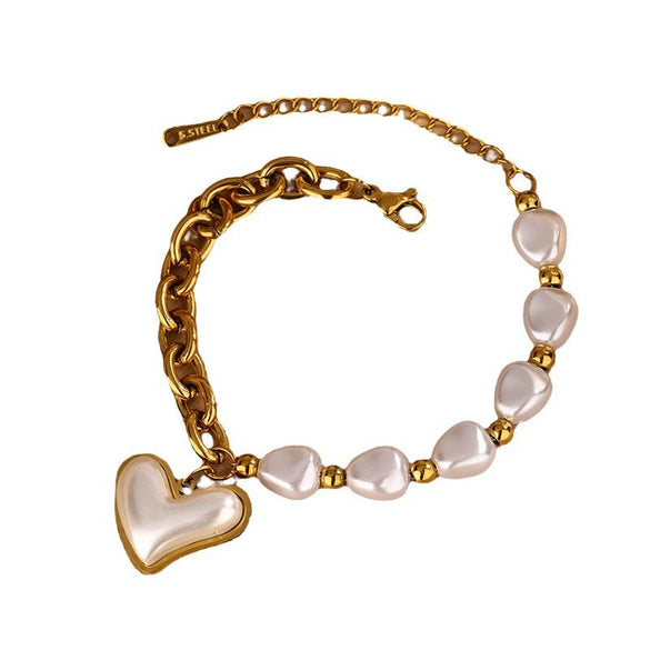 Irregular Pearl Mixed Chain Heartshaped Pendant Bracelet Necklace In French Retro Style With Stainless Steel And Imitation Pearls Electroplated