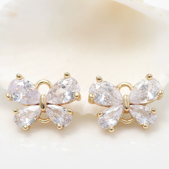 Jewelry Accessories Copper Electroplated 14K Gold Inlaid Zircon Bow And Fivepetal Flower Double Hanging Connector