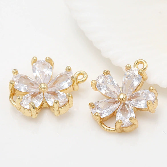 Jewelry Accessories Copper Electroplated 14K Gold Inlaid Zircon Bow And Fivepetal Flower Double Hanging Connector
