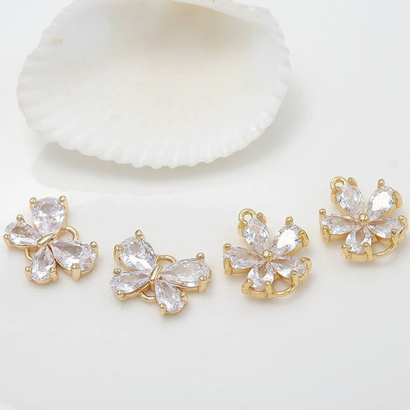 Jewelry Accessories Copper Electroplated 14K Gold Inlaid Zircon Bow And Fivepetal Flower Double Hanging Connector