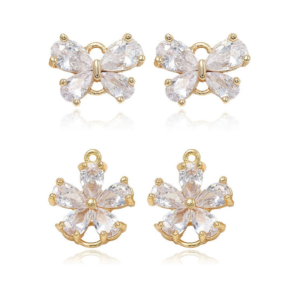 Jewelry Accessories Copper Electroplated 14K Gold Inlaid Zircon Bow And Fivepetal Flower Double Hanging Connector