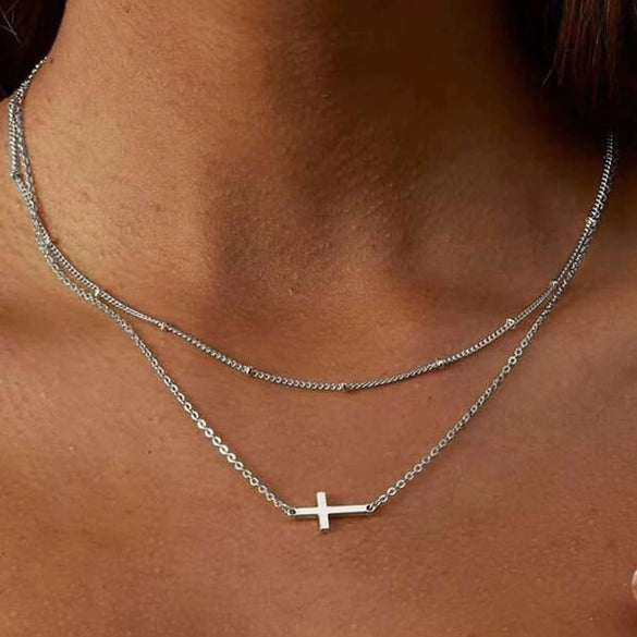 Jewelry Accessories Double Layer Beaded Cross Necklace Alloy Geometric Gold Plated