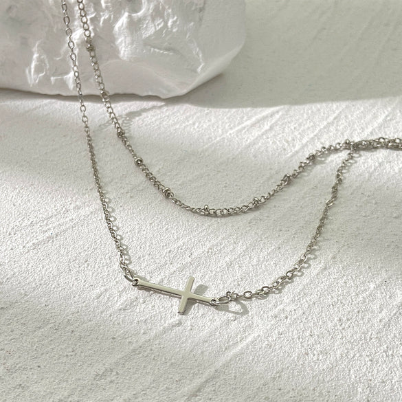 Jewelry Accessories Double Layer Beaded Cross Necklace Alloy Geometric Gold Plated