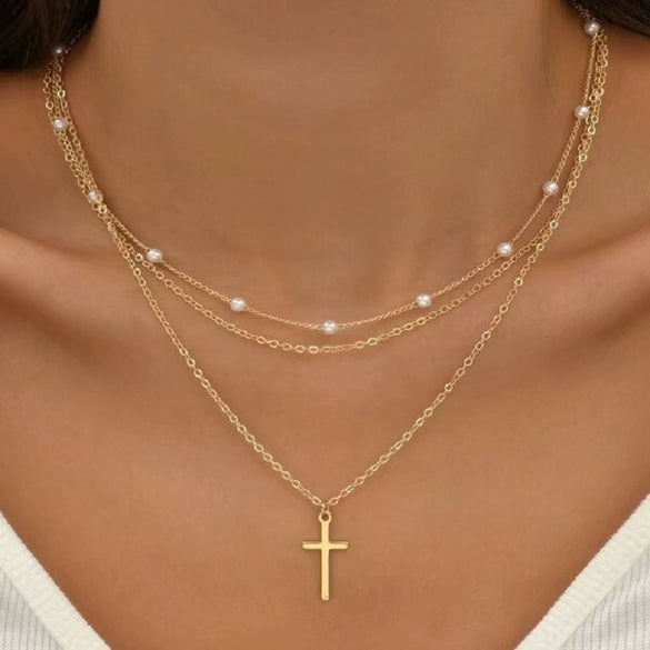 Jewelry Accessories Double Layer Beaded Cross Necklace Alloy Geometric Gold Plated