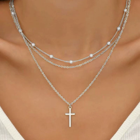 Jewelry Accessories Double Layer Beaded Cross Necklace Alloy Geometric Gold Plated