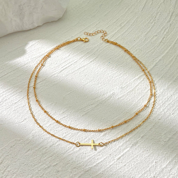 Jewelry Accessories Double Layer Beaded Cross Necklace Alloy Geometric Gold Plated