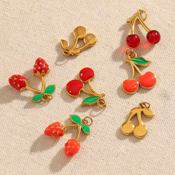 Jewelry Accessories Fruit Pattern Stainless Steel 18K Gold Plated Handmade Earrings Necklace With Oil Drop Pendant