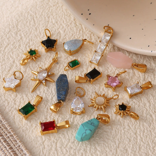Jewelry Accessories Geometric Colored Gemstone Rectangular Fivepointed Star 316L Stainless Steel Electroplated Necklace Pendant For Women