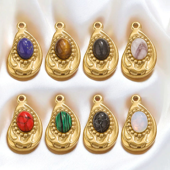 Jewelry Accessories Inlaid Natural Stone Malachite Stainless Steel Totem Teardrop Pendant Necklace Bracelet Earrings