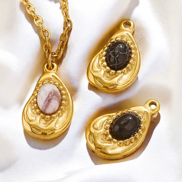 Jewelry Accessories Inlaid Natural Stone Malachite Stainless Steel Totem Teardrop Pendant Necklace Bracelet Earrings