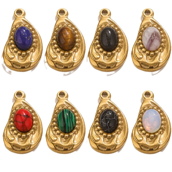 Jewelry Accessories Inlaid Natural Stone Malachite Stainless Steel Totem Teardrop Pendant Necklace Bracelet Earrings