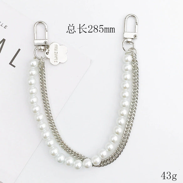 Jewelry Accessories Metal And Pearl Double Chain Strip Flower Handmade Beaded Portable For Mobile Phone Shell