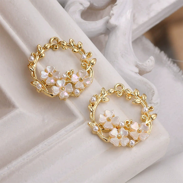 Jewelry Accessories Metal Faux Shellfish Four Leaf Floret With Pearl Leaf Vine Pendant Earrings Electroplated