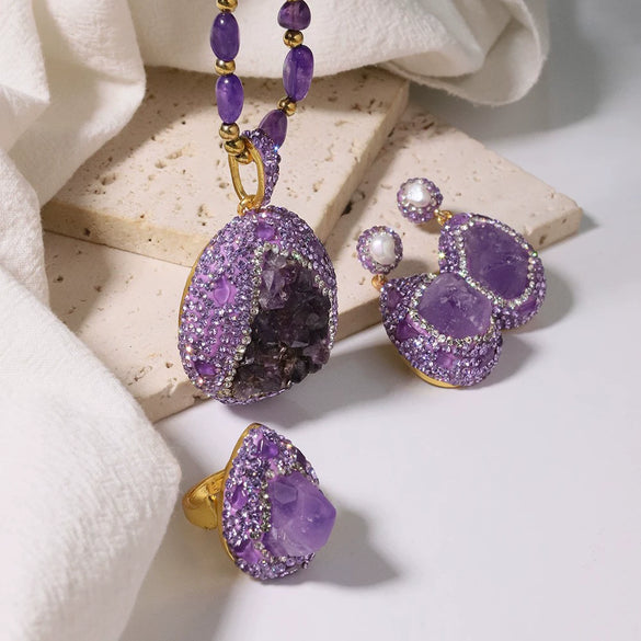 Jewelry Accessories Natural Amethyst Copper Crystal Pendant Women's Geometric Regular Chain Electroplated Necklace And Bracelet