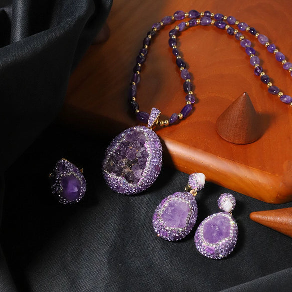 Jewelry Accessories Natural Amethyst Copper Crystal Pendant Women's Geometric Regular Chain Electroplated Necklace And Bracelet