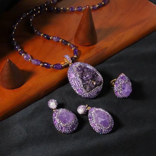 Jewelry Accessories Natural Amethyst Copper Crystal Pendant Women's Geometric Regular Chain Electroplated Necklace And Bracelet