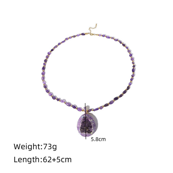 Jewelry Accessories Natural Amethyst Copper Crystal Pendant Women's Geometric Regular Chain Electroplated Necklace And Bracelet